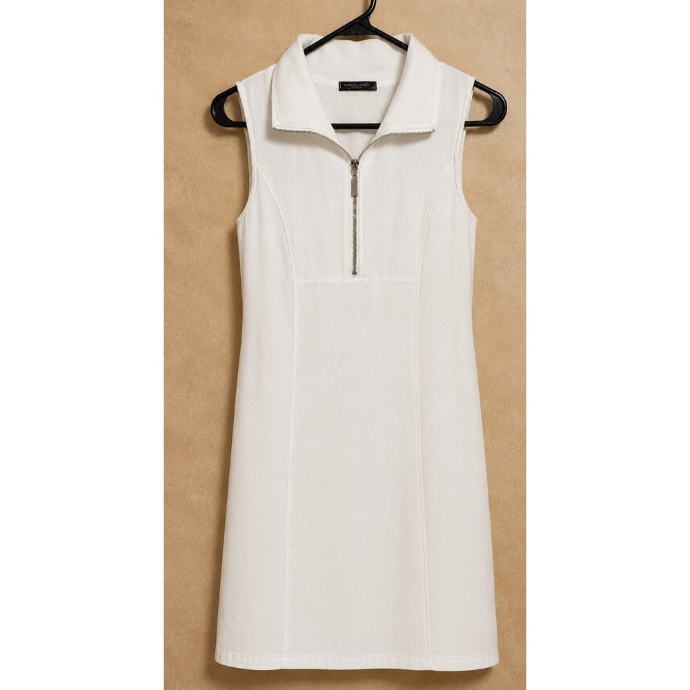 Lungo L'Arno Italy White 100% Linen Sleeveless Quarter Zip Dress Art 25162  M